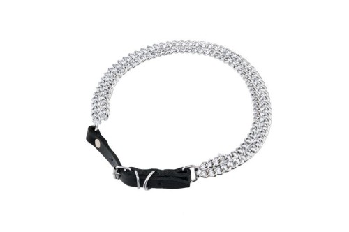 Obroża Skóra Łańcuch podwójny 50-56cm Srebrna